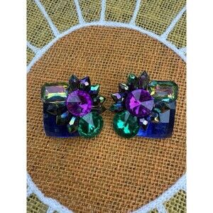 Vintage '80s Mogul Gripoix Style‎ Gold Tone Chunky Clip-On Earrings Rhinestones